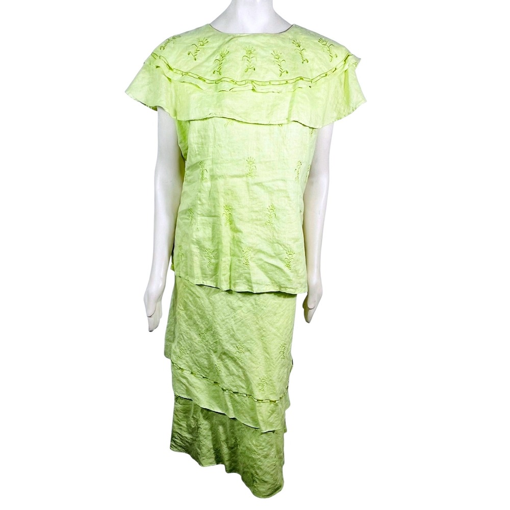 Danny Roberts Linen 2 Piece‎ Set L Lime Green Embroidered Boho Cottagecore 90s